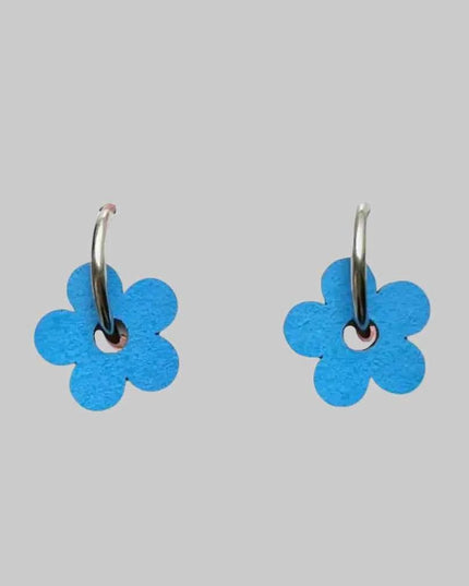 Statement blue hand painted fun wooden flower hoop earrings