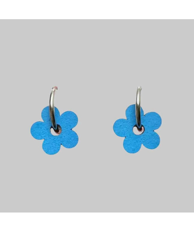 Statement blue hand painted fun wooden flower hoop earrings