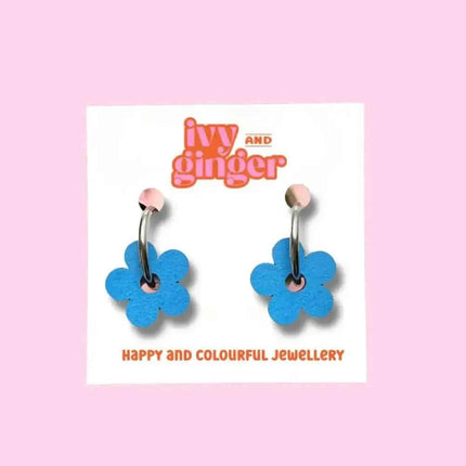 Statement blue hand painted fun wooden flower hoop earrings
