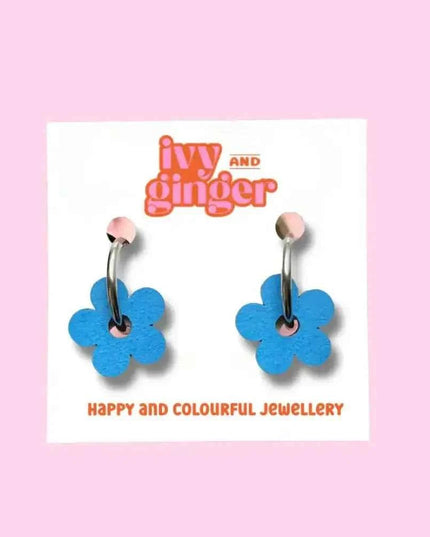 Statement blue hand painted fun wooden flower hoop earrings