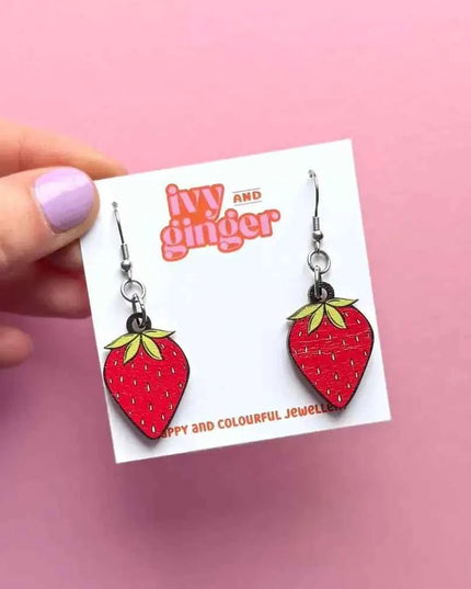 Strawberry Summer Bold Wooden Statement Dangle Earrings