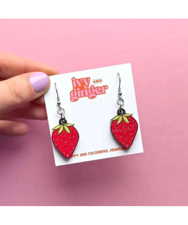 Strawberry Summer Bold Wooden Statement Dangle Earrings