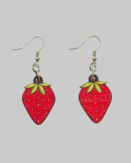 Strawberry Summer Bold Wooden Statement Dangle Earrings