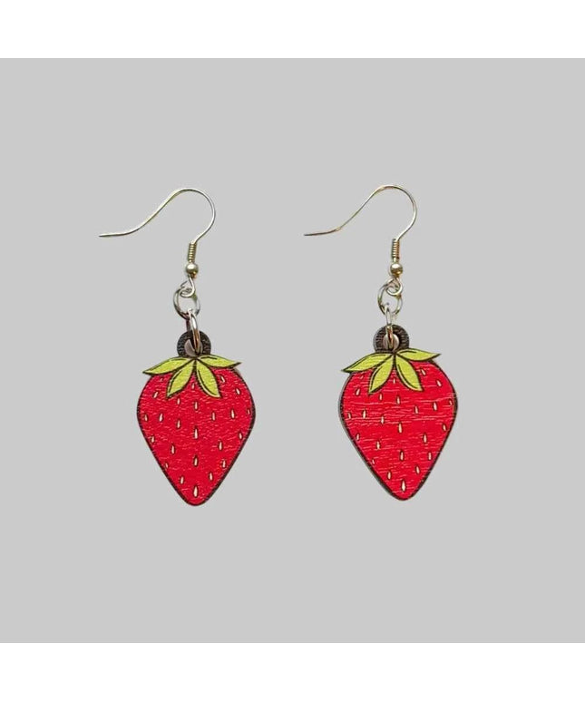 Strawberry Summer Bold Wooden Statement Dangle Earrings