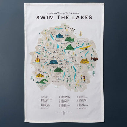 Lake District Map Tea Towel – Swim the Lakes - 30 Lakes and Tarns