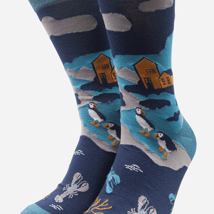 Teal Men's Coastal Scene Print Bamboo Socks