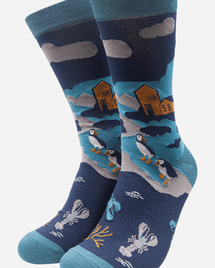 Teal Men's Coastal Scene Print Bamboo Socks