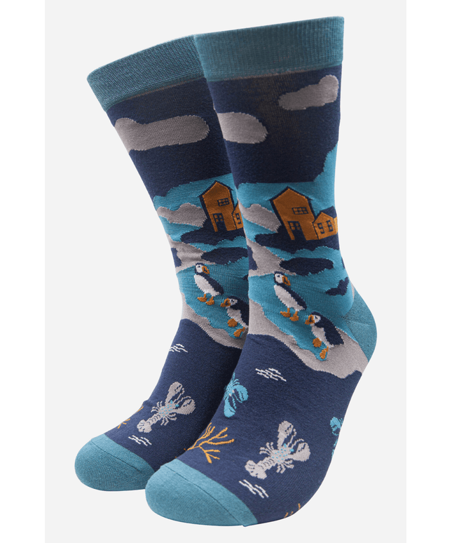 Teal Men's Coastal Scene Print Bamboo Socks