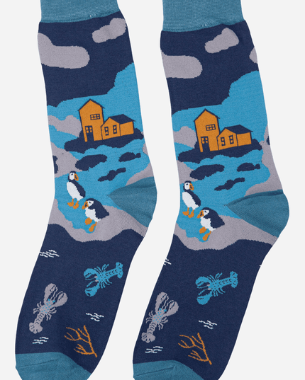 Teal Men's Coastal Scene Print Bamboo Socks
