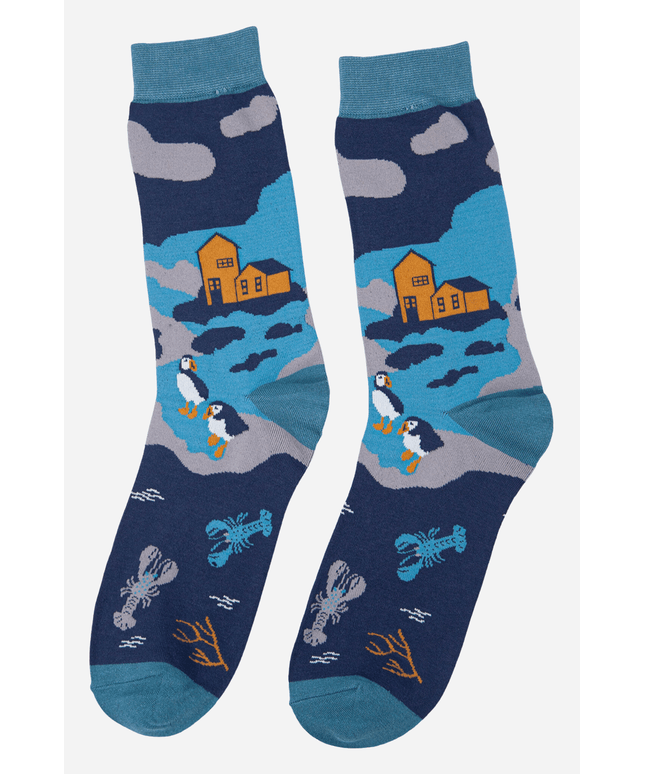 Teal Men's Coastal Scene Print Bamboo Socks