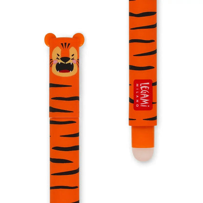Legami Erasable Pen - Tiger, featuring a vibrant tiger design and thermosensitive orange ink for seamless erasing.
