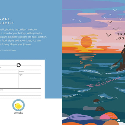 Travel logbook cover with illustration of a person paddleboarding at sunset.