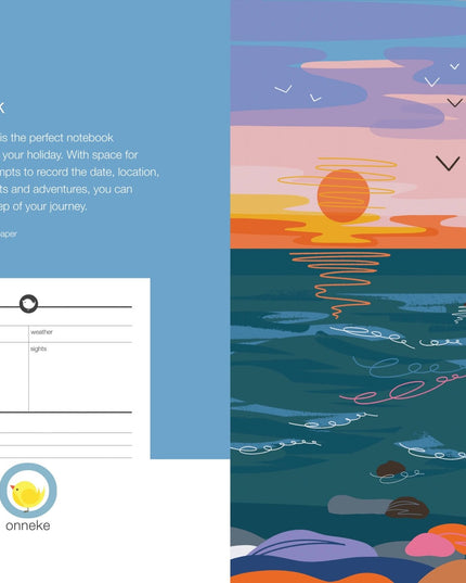 Travel logbook cover with illustration of a person paddleboarding at sunset, featuring text and a small inset of the logbook's interior.