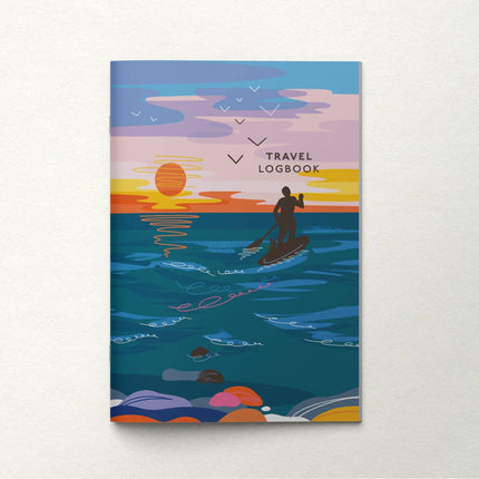 Travel logbook cover with a sunset over water illustration on a white background