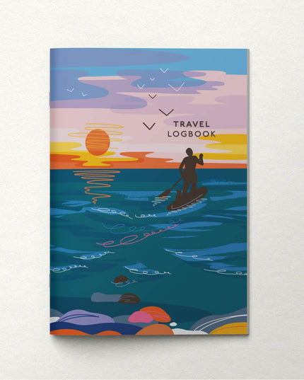 Travel logbook cover with a sunset over water illustration on a white background