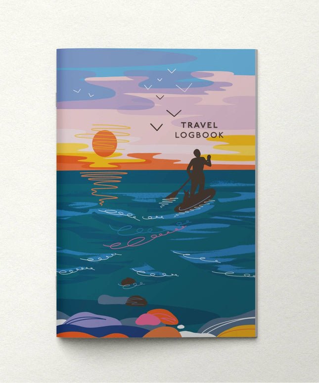Travel logbook cover with a sunset over water illustration on a white background