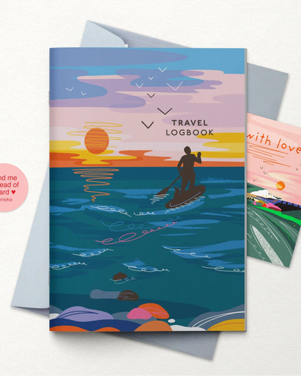 Travel logbook with sunset design and paddleboarder illustration on a white background