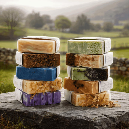 Stacks of handmade soap bars with natural textures on a stone surface, outdoors.