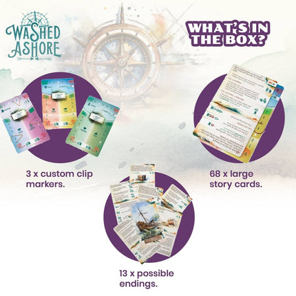 Promotional image of 'Washed Ashore' game components with text detailing items included.