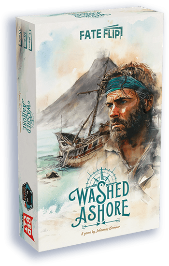 Board game box for 'Fate Flip: Washed Ashore' with a man and ship illustration on a white background