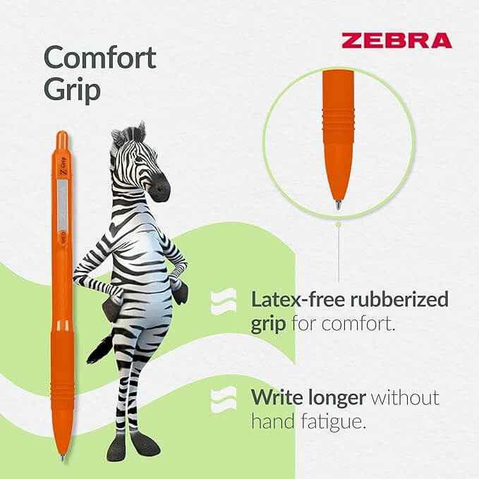 Zebra pen with a zebra illustration and text about comfort grip and latex-free rubberized design.